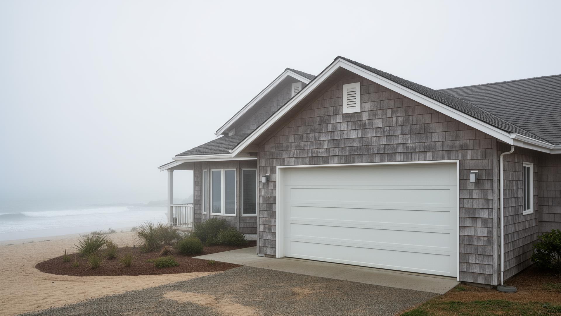 Beautiful coastal beach house with ranch style horizontal panel garage doors in misty morning