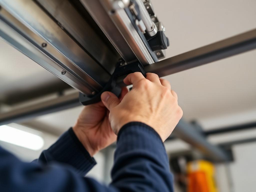 Technician hands adjusting garage door track alignment with professional tools